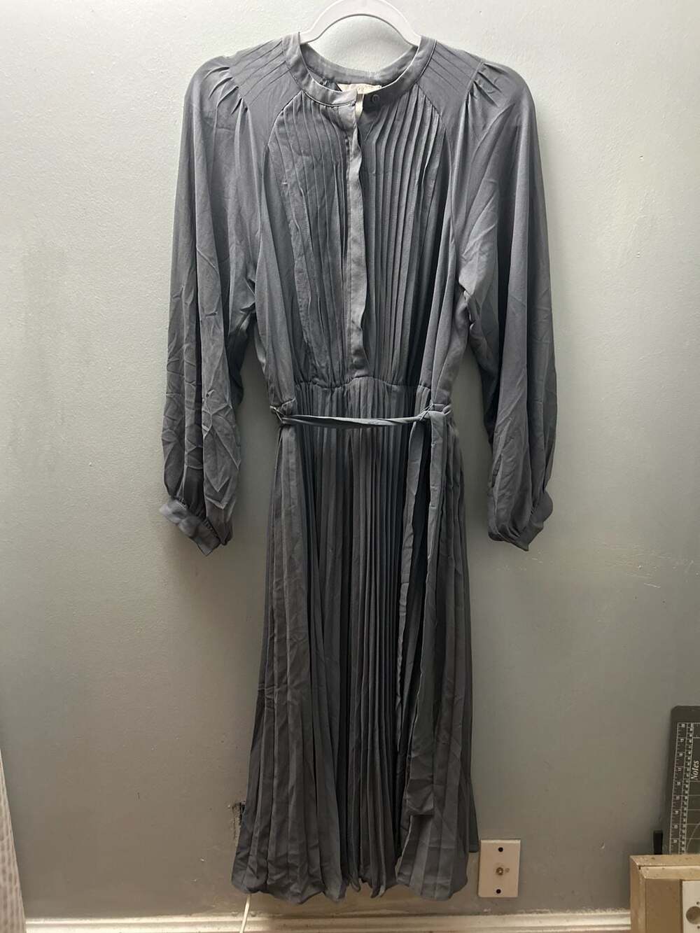 H&M Grey Pleated Long-Sleeve Midi Dress with Tie Waist